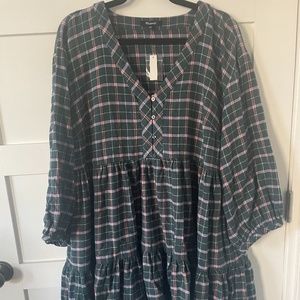 Madewell Long Sleeve Button-Down Tiered Mini Dress in Green Plaid Size 16